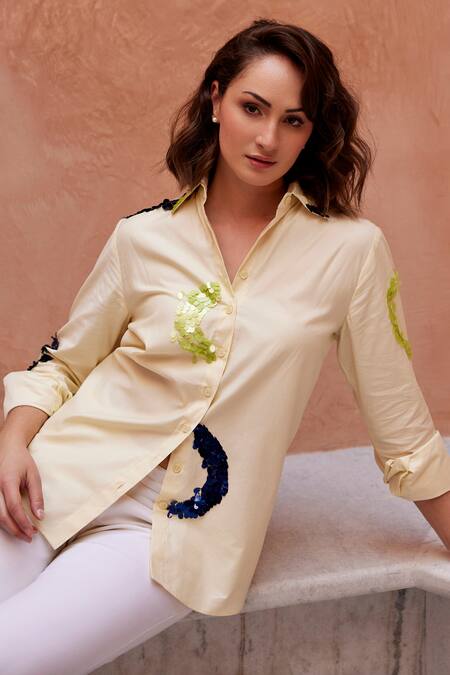 Buy_Palak Khandelwal_Yellow Cotton Sequins Shawl Neck Abstract Embroidered Shirt _Online_at_Aza_Fashions