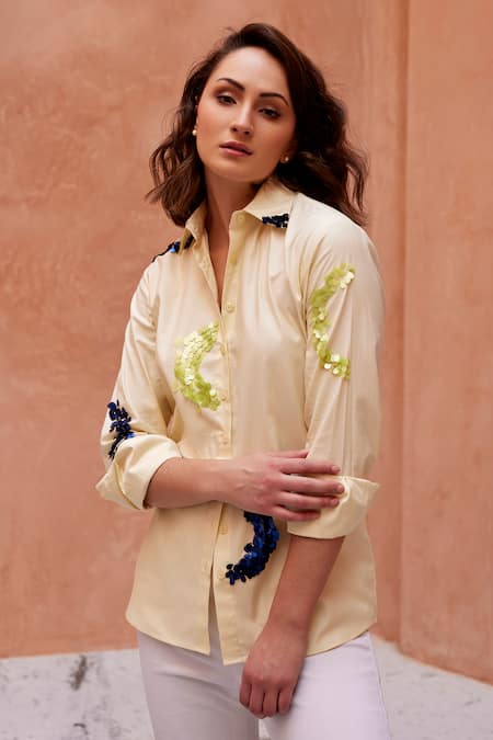 Shop_Palak Khandelwal_Yellow Cotton Sequins Shawl Neck Abstract Embroidered Shirt _Online_at_Aza_Fashions