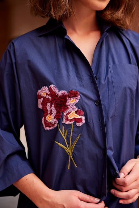 Buy_Palak Khandelwal_Blue Cotton Embroidery Shawl Neck Thread Floral Patch Shirt _Online_at_Aza_Fashions