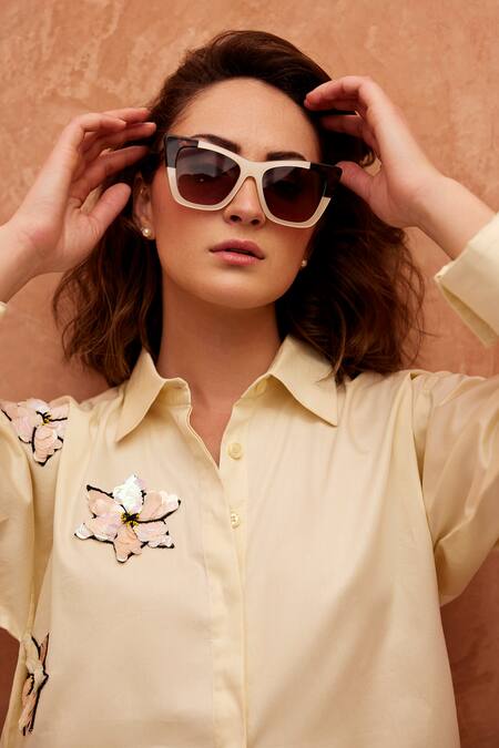 Shop_Palak Khandelwal_Yellow Cotton Embroidery Floral Shirt _Online_at_Aza_Fashions