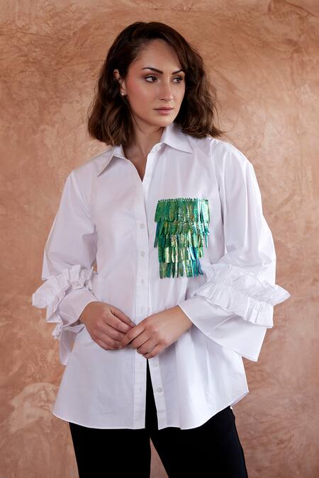 Palak Khandelwal White Cotton Sequins Embroidered Shirt