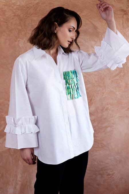 Palak Khandelwal_White Cotton Sequins Embroidered Shirt_Online_at_Aza_Fashions