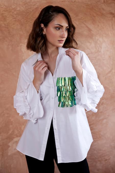 Shop_Palak Khandelwal_White Cotton Sequins Embroidered Shirt_Online_at_Aza_Fashions