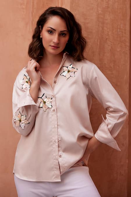 Palak Khandelwal_White Cotton Sequins, Pearls Collared Embroidered Shirt _Online_at_Aza_Fashions