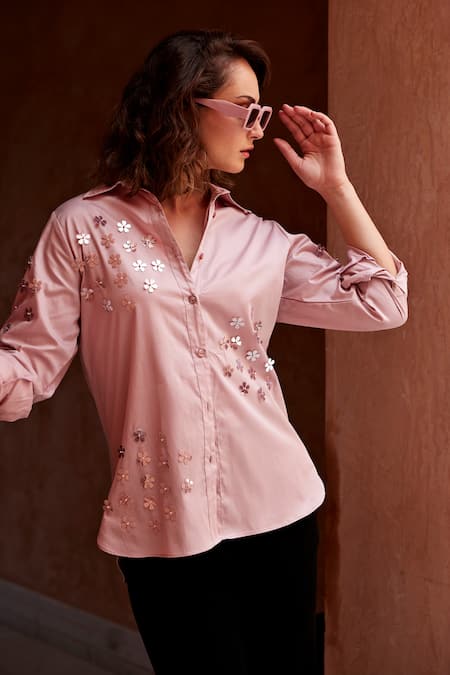 Palak Khandelwal Pink Cotton Embroidered Floral Shirt Collar Sequin 