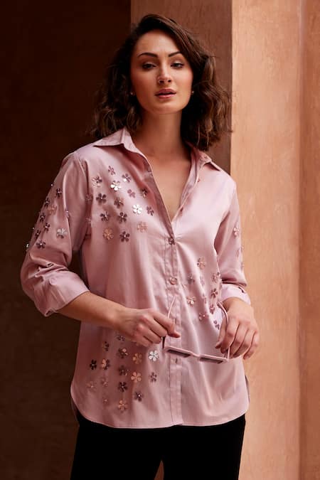 Palak Khandelwal_Pink Cotton Sequins Collared Floral Embroidered Shirt _Online_at_Aza_Fashions