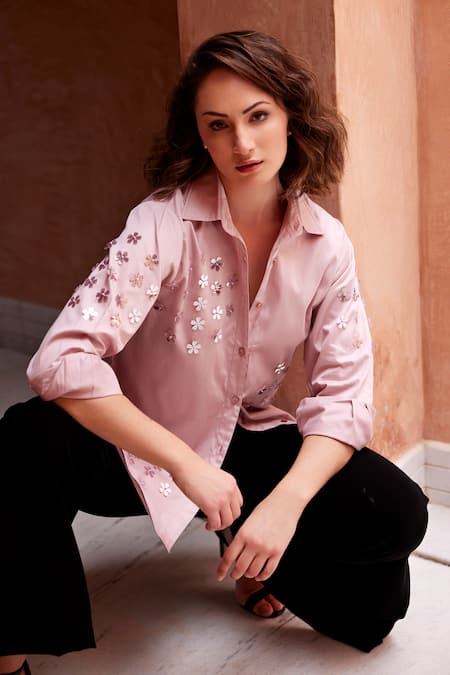 Shop_Palak Khandelwal_Pink Cotton Sequins Collared Floral Embroidered Shirt _Online_at_Aza_Fashions