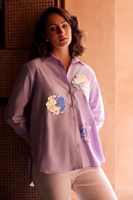 Palak Khandelwal_Purple Cotton Sequins Collared Lilac Floral Embroidered Shirt _Online_at_Aza_Fashions