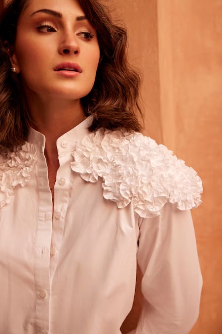 Buy_Palak Khandelwal_White Cotton Bandeau Neck Frill Shoulder Shirt _Online_at_Aza_Fashions