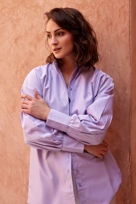 Buy_Palak Khandelwal_Purple Cotton Shawl Neck Front Panel Detailed Shirt _Online_at_Aza_Fashions