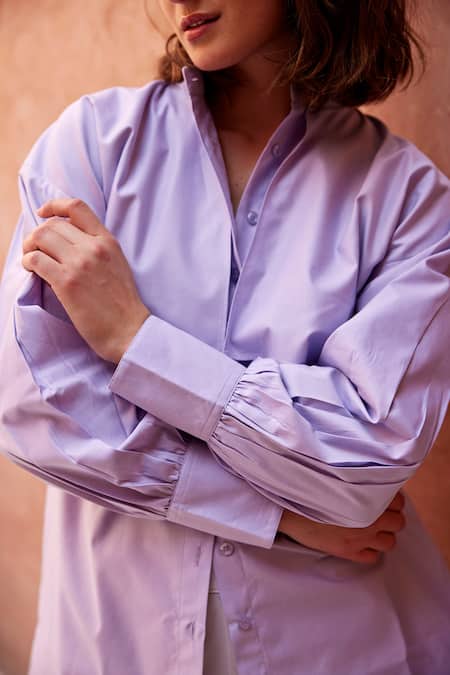Shop_Palak Khandelwal_Purple Cotton Shawl Neck Front Panel Detailed Shirt _Online_at_Aza_Fashions
