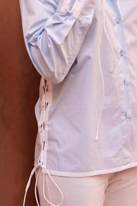 Buy_Palak Khandelwal_Blue Cotton Shawl Neck Side Drawstring Detailed Shirt _Online_at_Aza_Fashions