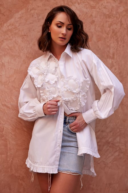 Palak Khandelwal_White Cotton Embroidery Collared Floral Patchwork Shirt _Online_at_Aza_Fashions