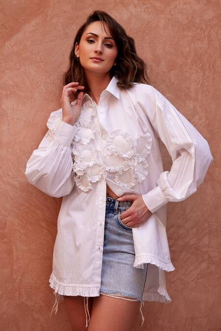 Buy_Palak Khandelwal_White Cotton Embroidery Collared Floral Patchwork Shirt _Online_at_Aza_Fashions