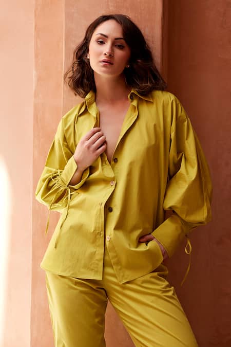 Buy_Palak Khandelwal_Green Cotton Shawl Neck Cuff Sleeves Shirt And Pant Set _Online_at_Aza_Fashions