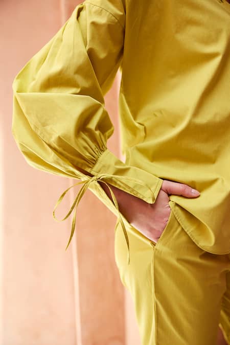 Shop_Palak Khandelwal_Green Cotton Shawl Neck Cuff Sleeves Shirt And Pant Set _Online_at_Aza_Fashions