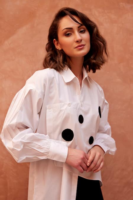 Buy_Palak Khandelwal_White Cotton Embroidery Collared Polka Dot Patchwork Shirt _Online_at_Aza_Fashions