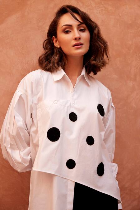 Shop_Palak Khandelwal_White Cotton Embroidery Collared Polka Dot Patchwork Shirt _Online_at_Aza_Fashions