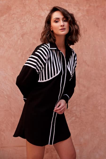 Palak Khandelwal_Black Linen, Cotton Shawl Neck Stripe Shirt _Online_at_Aza_Fashions
