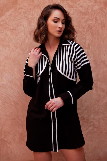 Buy_Palak Khandelwal_Black Linen, Cotton Shawl Neck Stripe Shirt _Online_at_Aza_Fashions