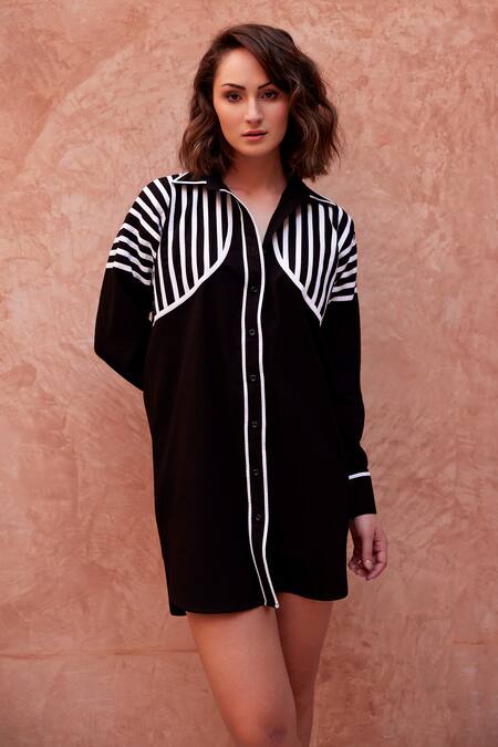Shop_Palak Khandelwal_Black Linen, Cotton Shawl Neck Stripe Shirt _Online_at_Aza_Fashions