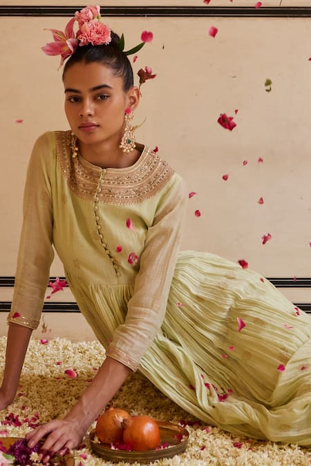 Punit Balana Green Handloom Cotton, Organza Embroidery, Zari Marodi And Zardozi Anarkali Set Online at Aza Fashions Punit Balana_Green Handloom Cotton, Organza Embroidery, Zari Marodi And Zardozi Anarkali Set _Online_at_Aza_Fashions