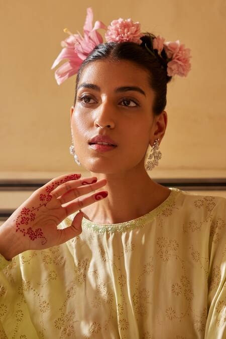 Punit Balana_Green Satin, Silk Embroidery Round Neck Flower Print Tunic With Pant _Online_at_Aza_Fashions