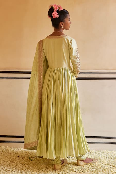 Shop_Punit Balana_Green Chanderi Silk, Organza Embroidery Square Floral Bloom Yoke Anarkali Set _at_Aza_Fashions