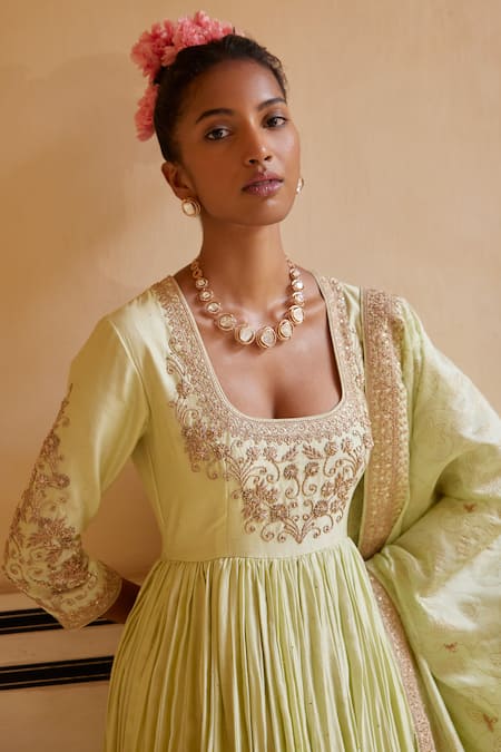 Punit Balana_Green Chanderi Silk, Organza Embroidery Square Floral Bloom Yoke Anarkali Set _Online_at_Aza_Fashions