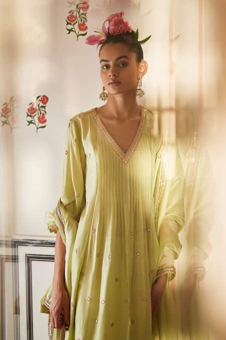 Shop_Punit Balana_Green Silk, Organza Embroidery V-neck Marodi Butti Anarkali Set _at_Aza_Fashions