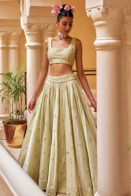 Punit Balana Chanderi Silk Floral Butti Print Lehenga Set 
