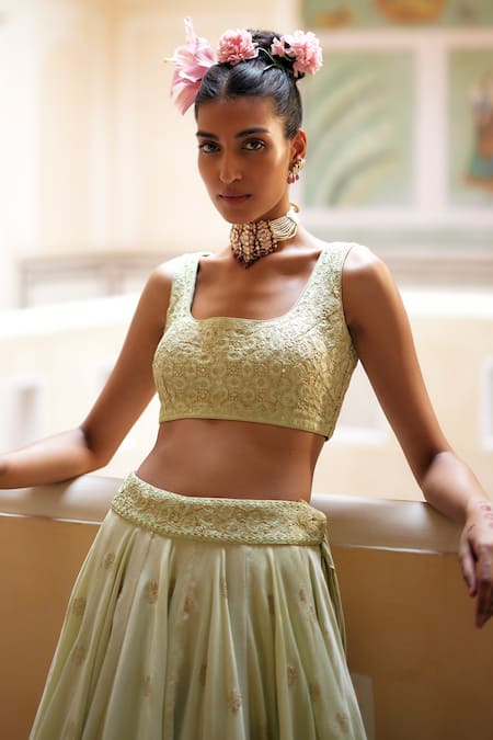 Punit Balana_Green Chanderi Silk, Organza Embroidery Square Floral Butti Print Lehenga Set _Online_at_Aza_Fashions