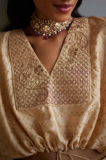 Punit Balana_Gold Satin Tassels, Zari V-neck Zardozi Embroidered Top With Skirt _Online_at_Aza_Fashions