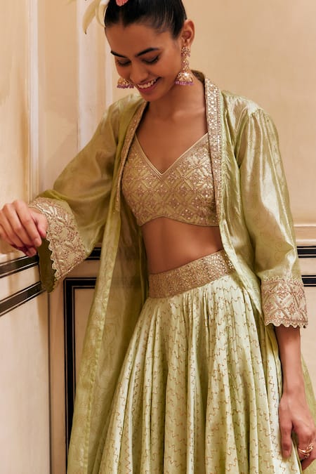 Shop_Punit Balana_Green Chanderi Silk, Geometric Lehenga And Flower Vine Cape Set _at_Aza_Fashions