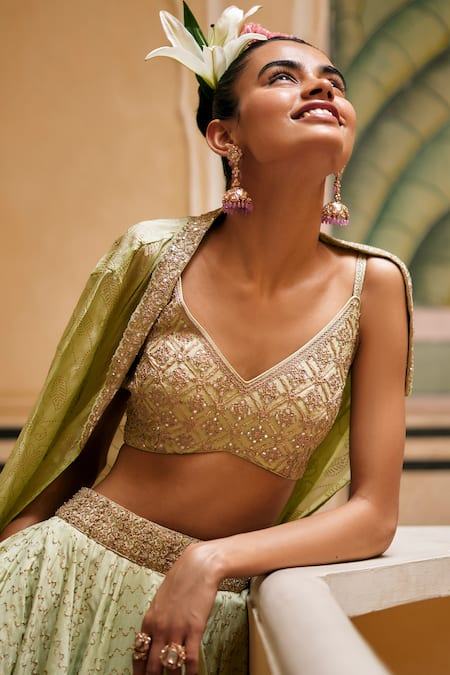 Punit Balana_Green Chanderi Silk, Geometric Lehenga And Flower Vine Cape Set _Online_at_Aza_Fashions