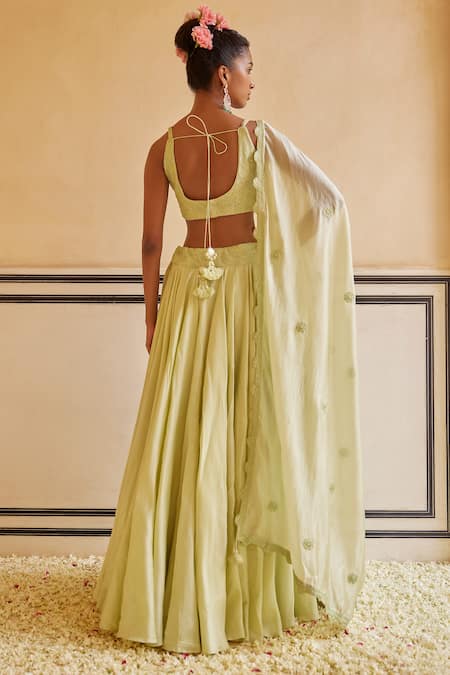 Shop_Punit Balana_Green Chanderi Silk, Organza Embroidery V-neck Lehenga Set _at_Aza_Fashions