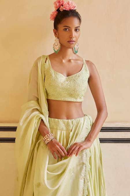Punit Balana_Green Chanderi Silk, Organza Embroidery V-neck Lehenga Set _Online_at_Aza_Fashions