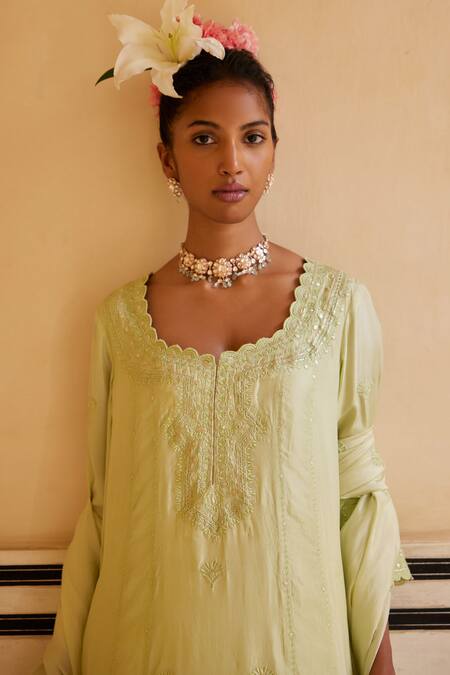 Shop_Punit Balana_Green Silk, Organza Embroidery, Tassels, Cut Work Round Resham Anarkali Set _at_Aza_Fashions