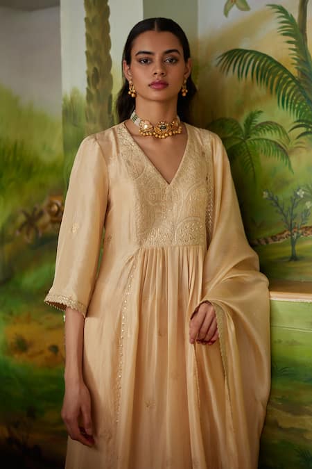 Shop_Punit Balana_Gold Silk Embroidery Resham V Neck Yoke Anarkali Set _at_Aza_Fashions