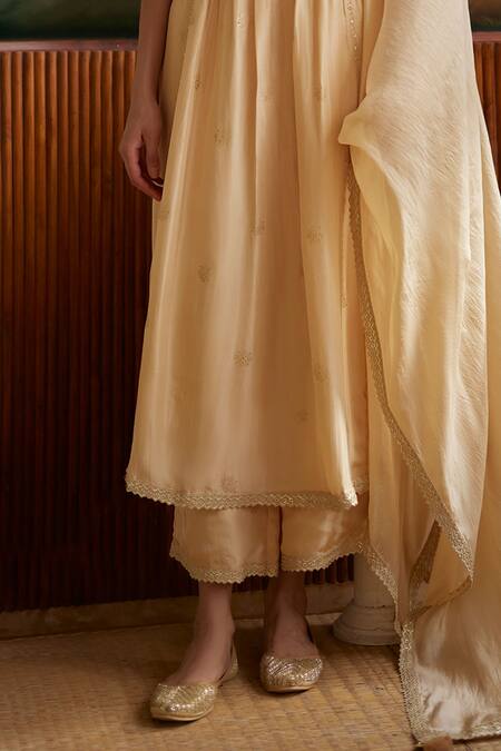 Punit Balana_Gold Silk Embroidery Resham V Neck Yoke Anarkali Set _Online_at_Aza_Fashions