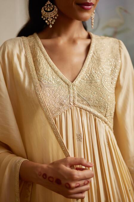 Shop_Punit Balana_Gold Silk Embroidery Resham V Neck Anarkali Set _at_Aza_Fashions