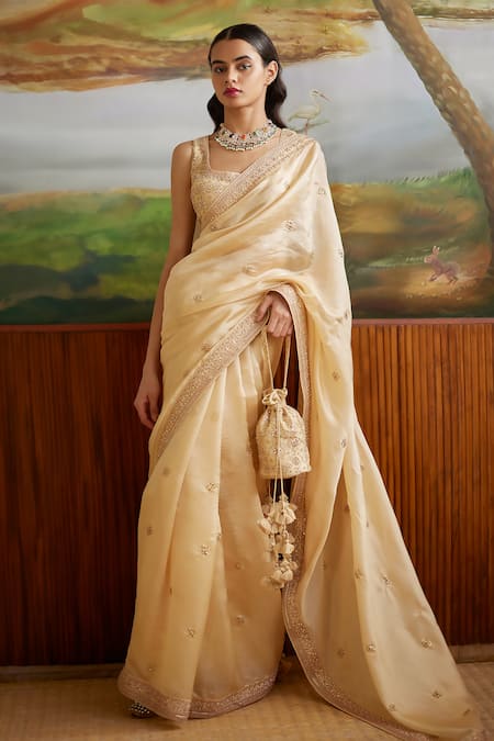 PUNIT BALANA Gold Organza Silk Embroidery Marodi U Neck Placement Saree With Blouse