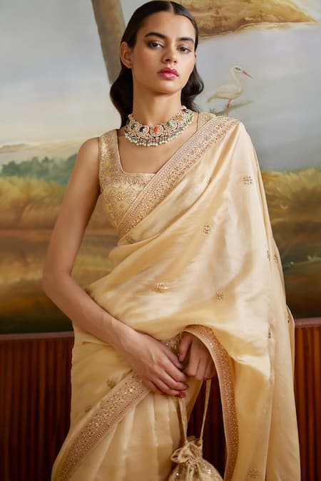 Shop_Punit Balana_Gold Chanderi Silk, Organza Embroidery Round Neck Placement Saree With Blouse _at_Aza_Fashions