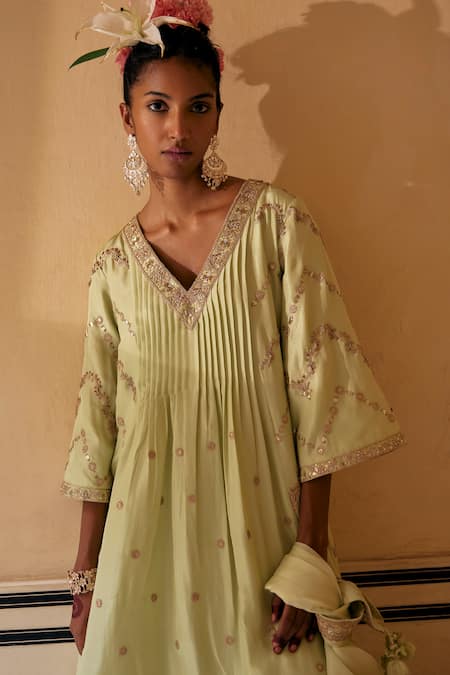 Shop_Punit Balana_Green Silk Embroidery Marodi V Neck Zardozi Anarkali Set _at_Aza_Fashions