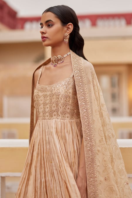 Shop_Punit Balana_Gold Chanderi Silk, Organza Gota Patti, Floral Print Anarkali Gharara Set _at_Aza_Fashions