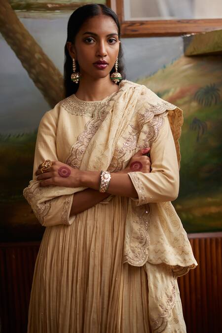 Shop_Punit Balana_Gold Chanderi Silk, Organza Embroidery, Zari Round Neck Neckline Anarkali Set _at_Aza_Fashions