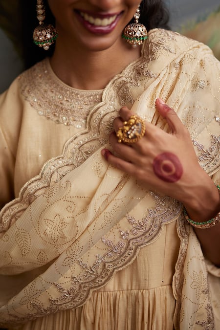 Punit Balana_Gold Chanderi Silk, Organza Embroidery, Zari Round Neck Neckline Anarkali Set _Online_at_Aza_Fashions