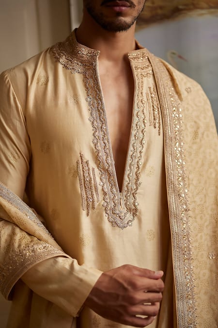 Shop_Punit Balana_Gold Chanderi Silk Embroidery Printed Kurta Set _at_Aza_Fashions