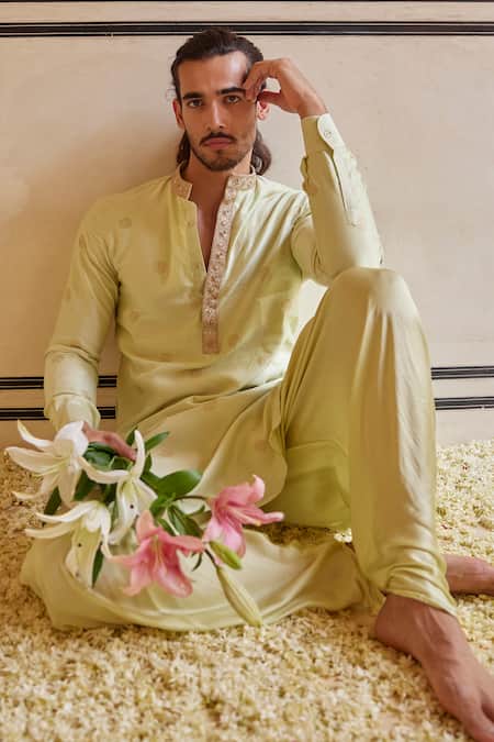 Shop_Punit Balana_Green Chanderi Silk Embroidery Floral Kurta Set _at_Aza_Fashions