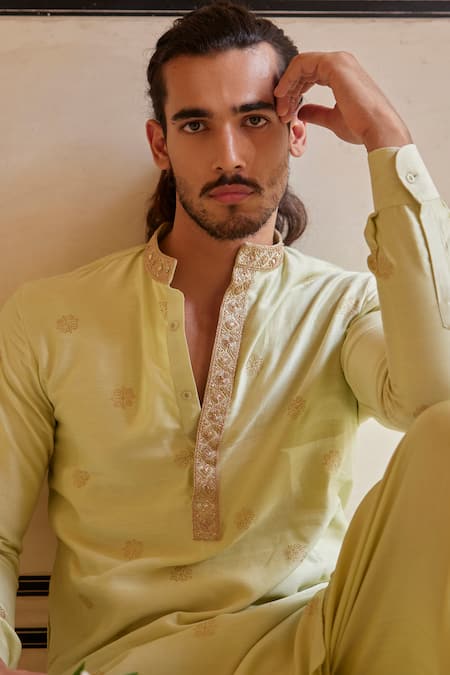 Punit Balana_Green Chanderi Silk Embroidery Floral Kurta Set _Online_at_Aza_Fashions